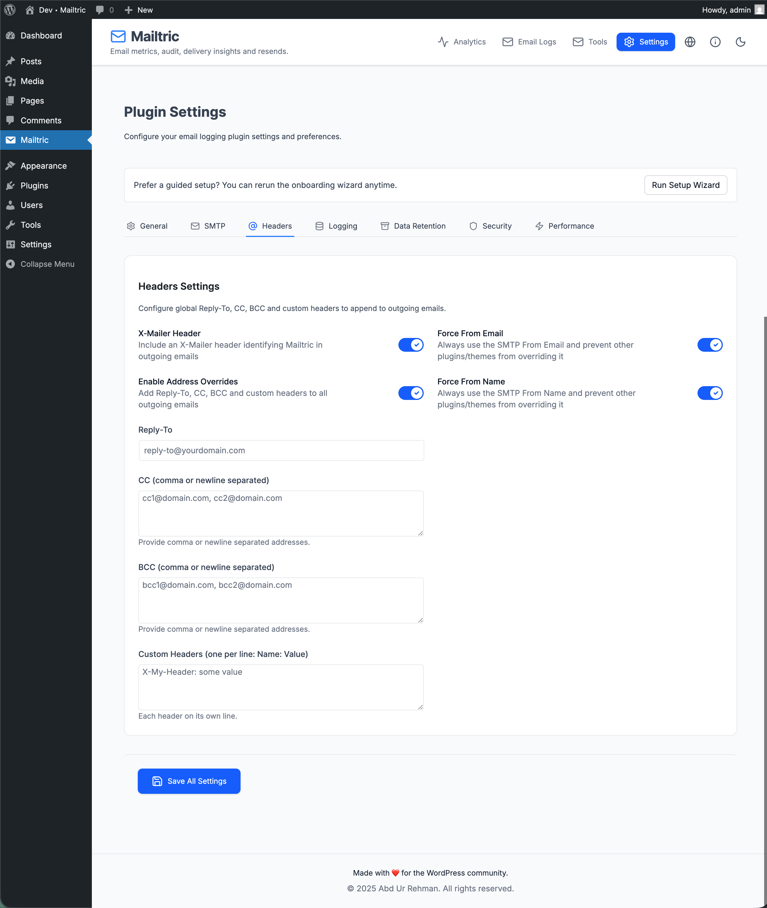 **Email test tool** – send a test email to verify that your site can send mail correctly.
