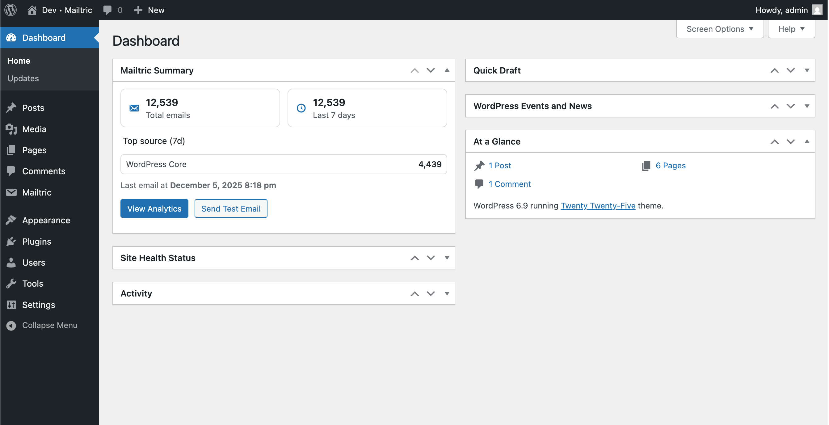 **System info** – environment diagnostics (WordPress, PHP, MySQL, server) with copyable status report.