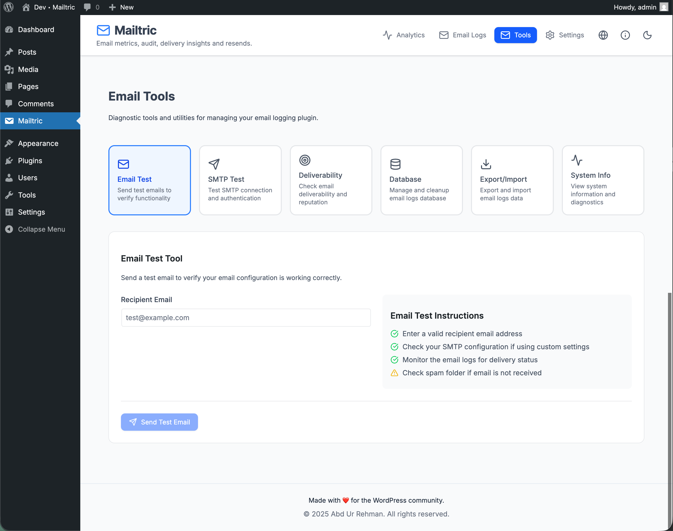 **Logging settings** – enable logging; log successful/failed emails; log full content and custom headers.