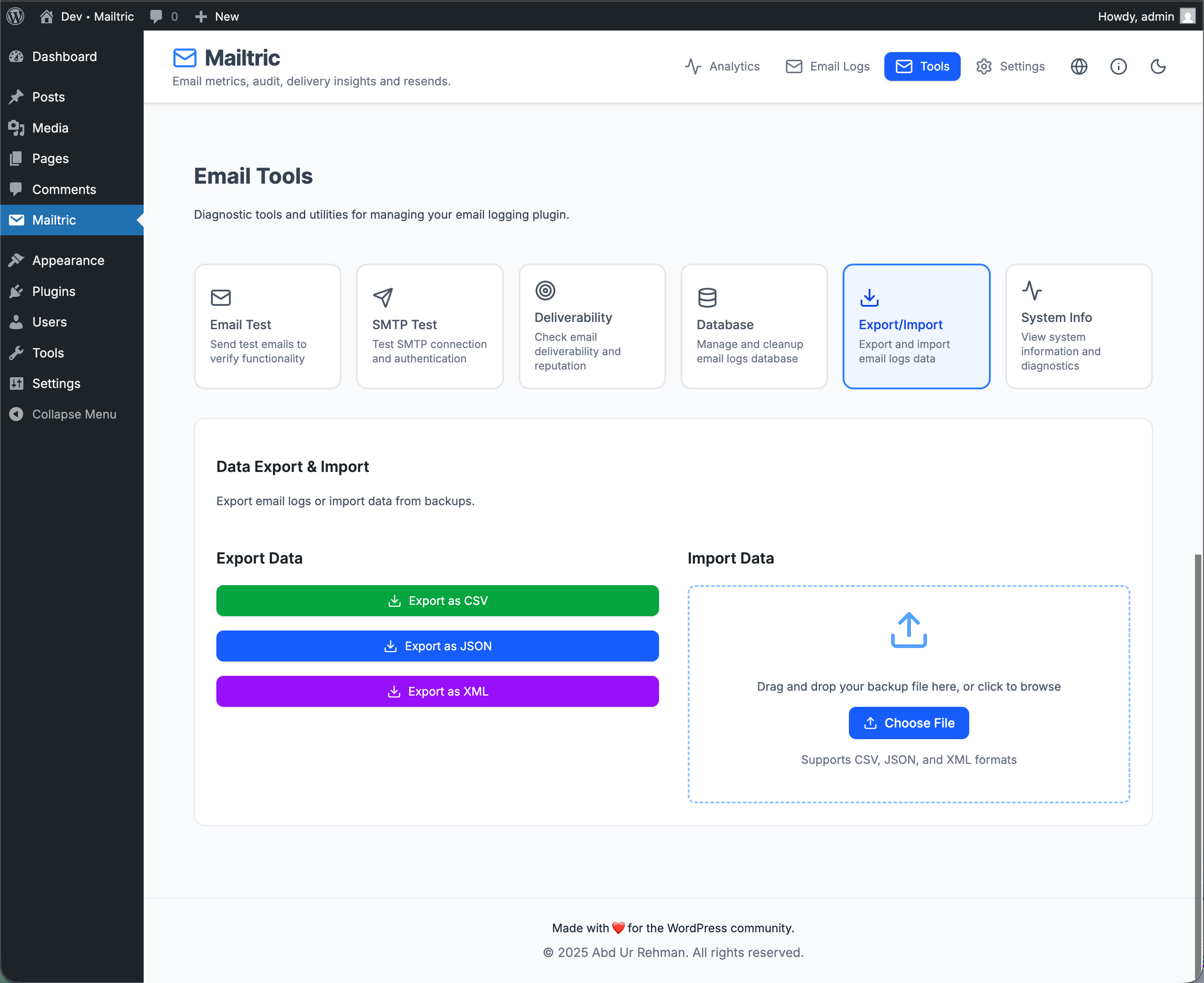 **Dashboard widget** – at‑a‑glance email metrics inside the WordPress dashboard.