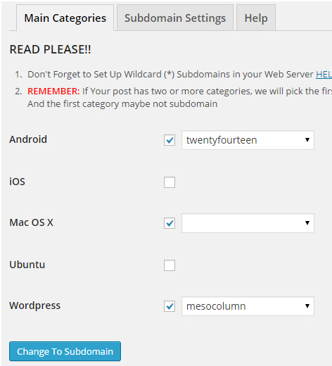Main Page Where you can change selected category to subdomain or change the theme