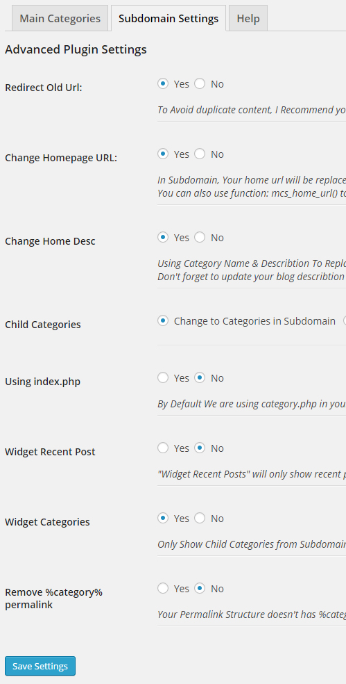All Settings on subdomain