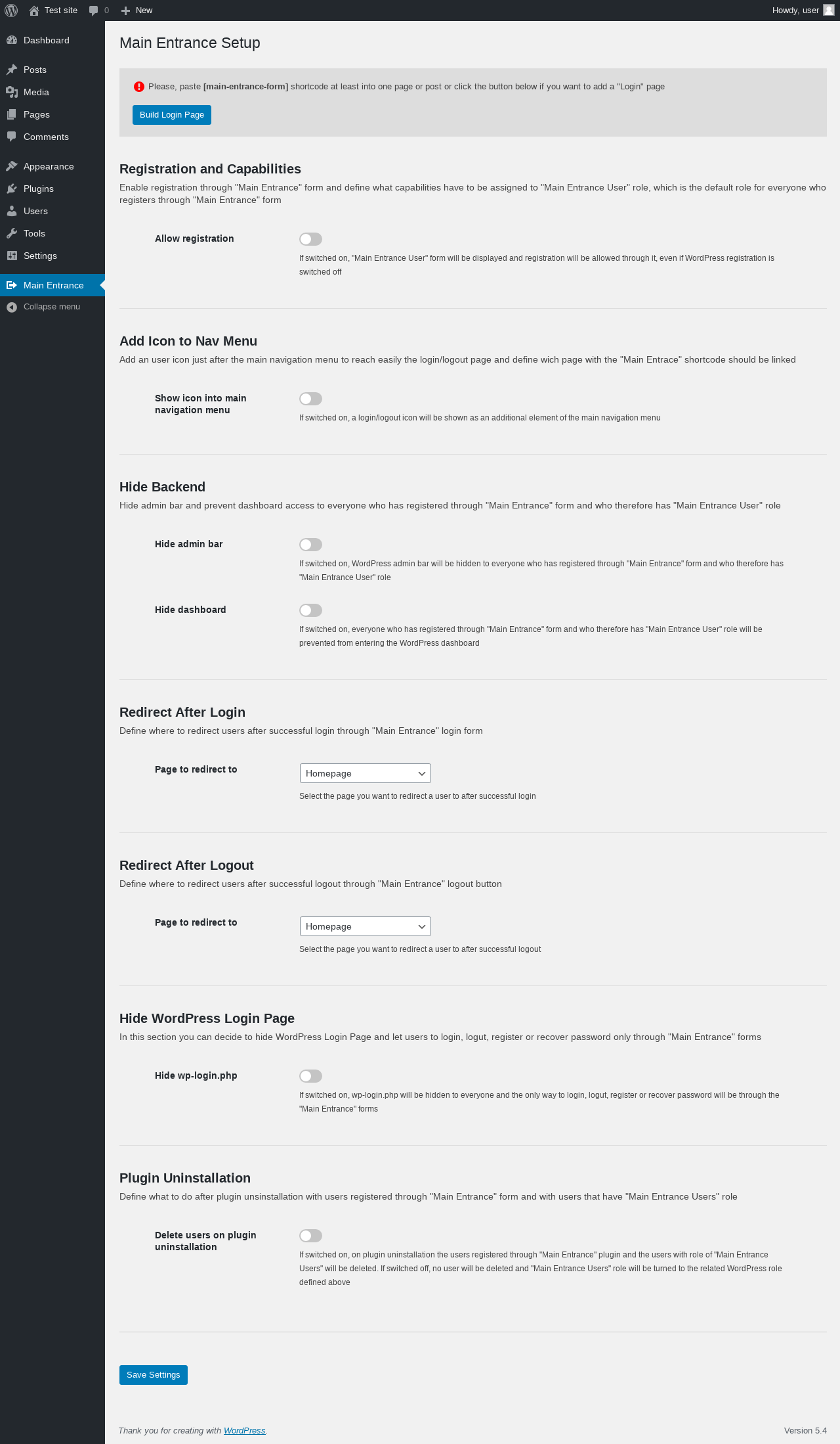 Main Entrance setup page