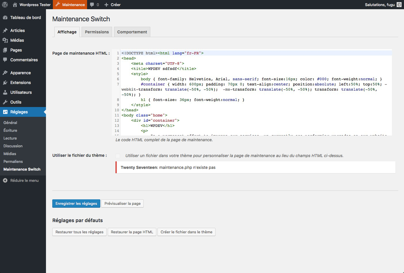 The "Display" tab of the settings page allow you to define the entire HTML code of your maintenance page, or use a custom file in your theme.