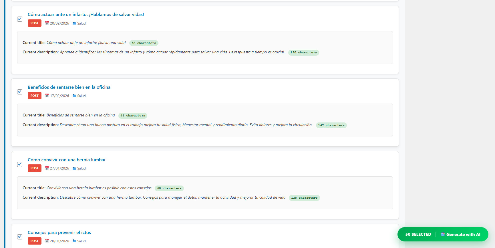 Tools panel — select posts and generate SEO titles and meta descriptions in bulk with one click.