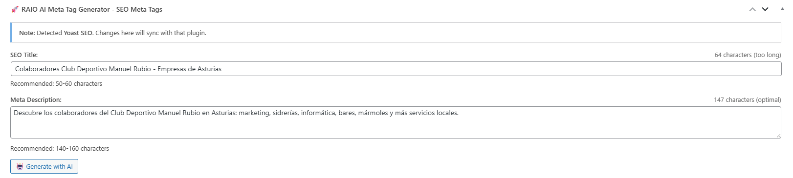 Post editor — generate optimized meta tags for an individual post directly from the editing screen.