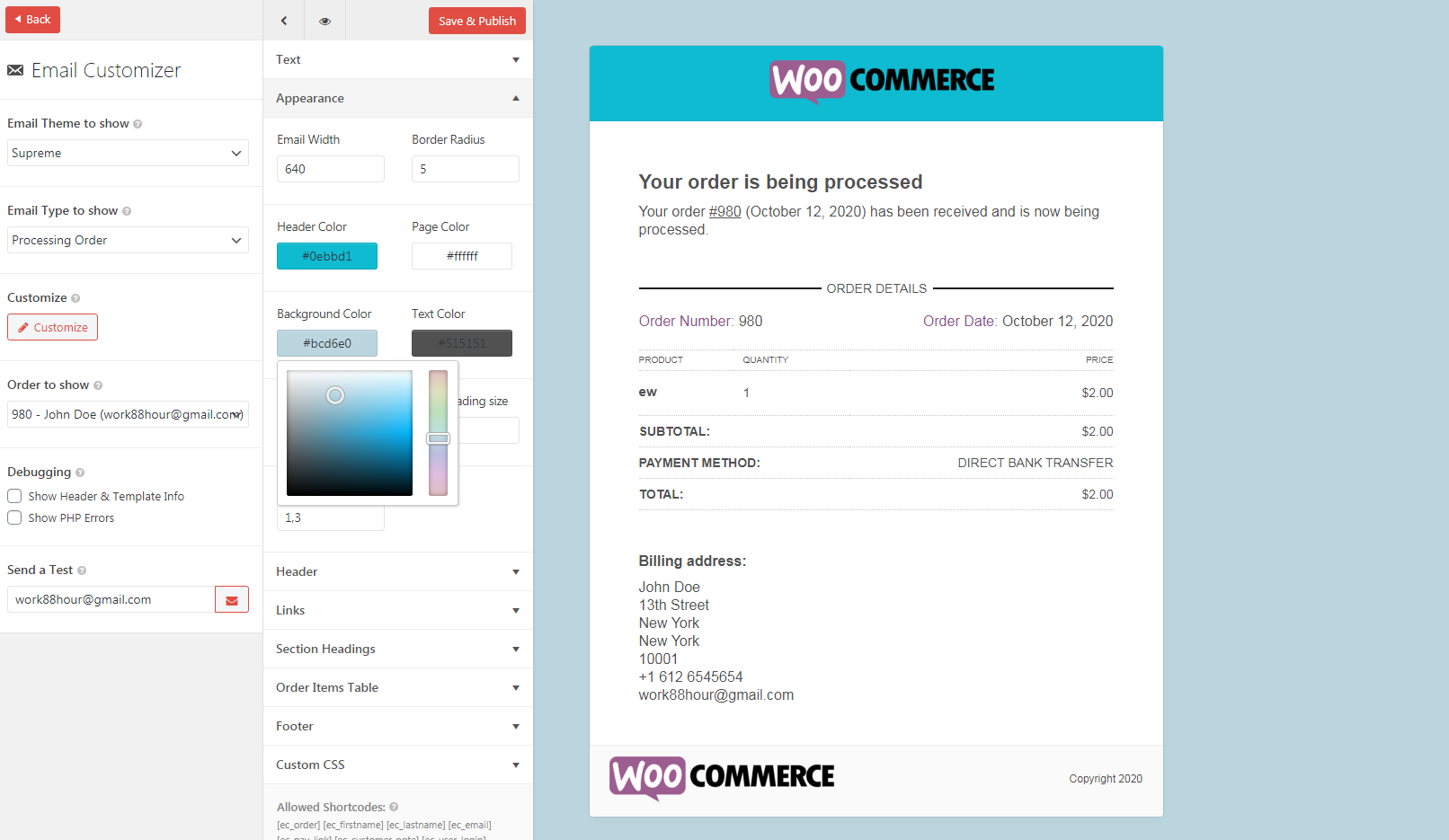 Screenshot of option page of Email Customizer Modern Theme