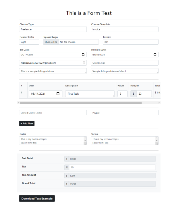 Actual view of the form in frontend using shortcode [makeinvoice]