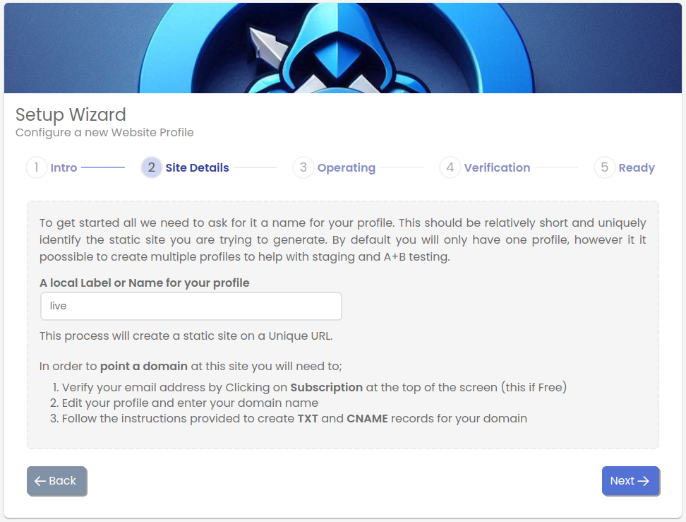 Setup Wizard Frame, Site Details