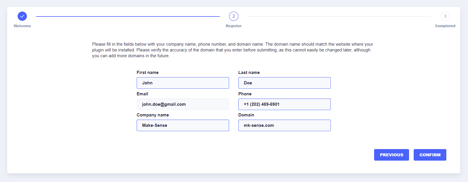 Setup screen - register step