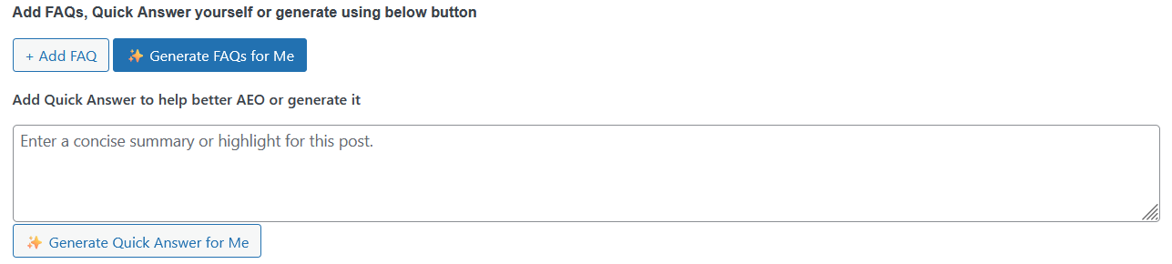 Panel to add FAQs Manually or generate automatic