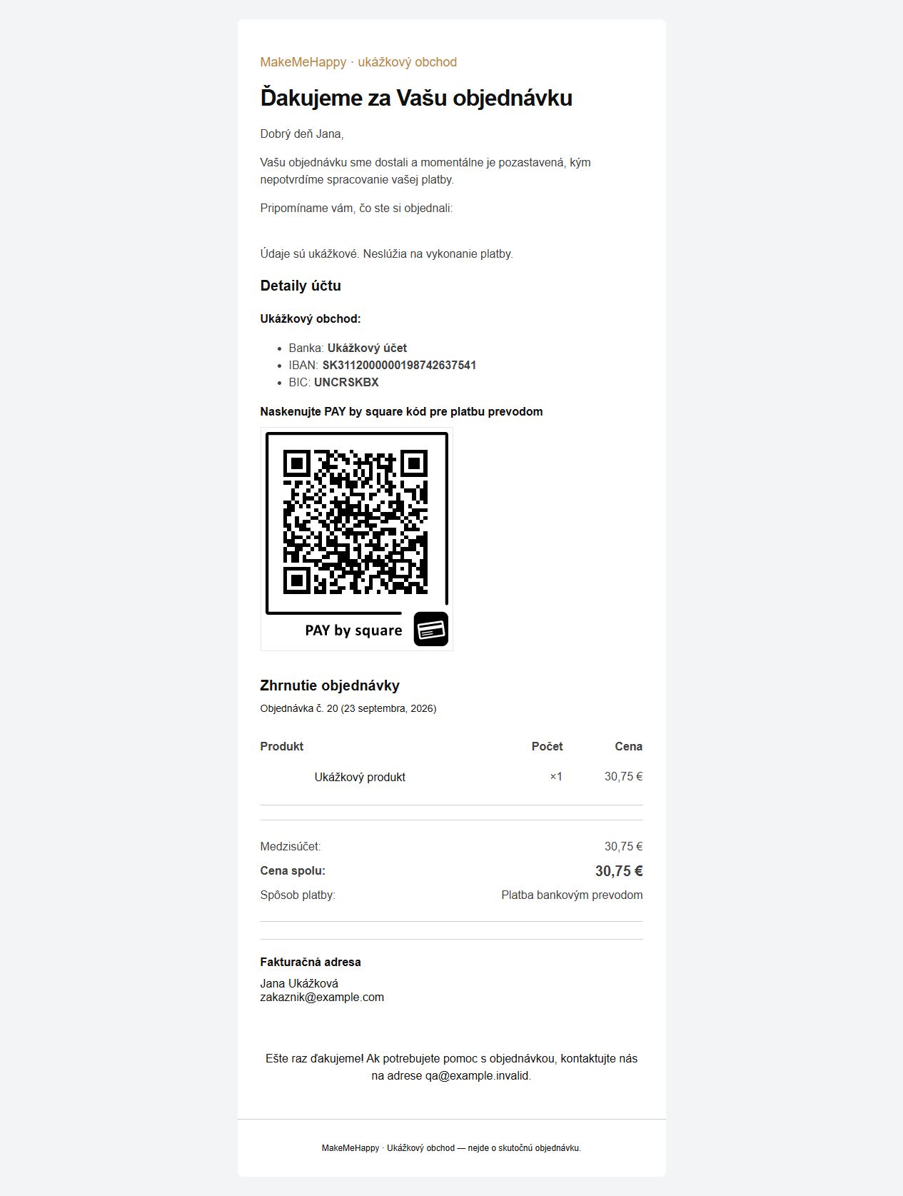 Payment QR code in a customer HTML order email.