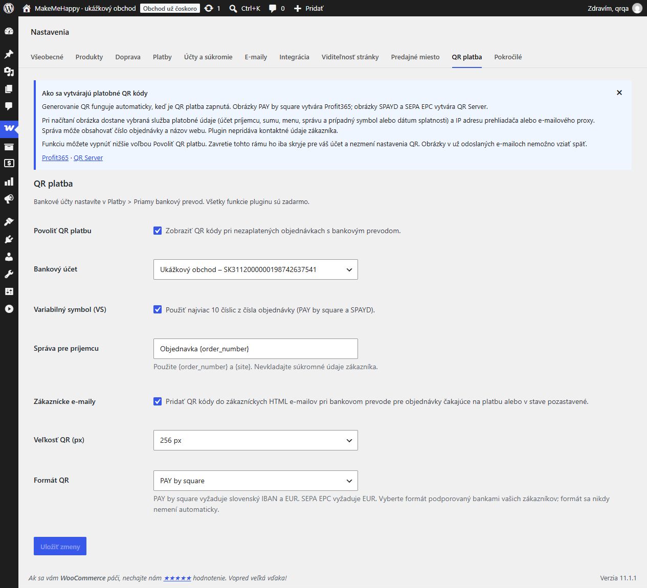 Slovak QR payment settings with the dismissible external-service information box.