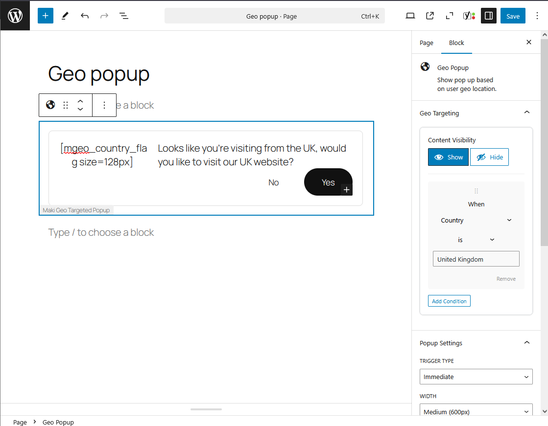 The setup of the popup using the Geo Popup Gutenberg block.