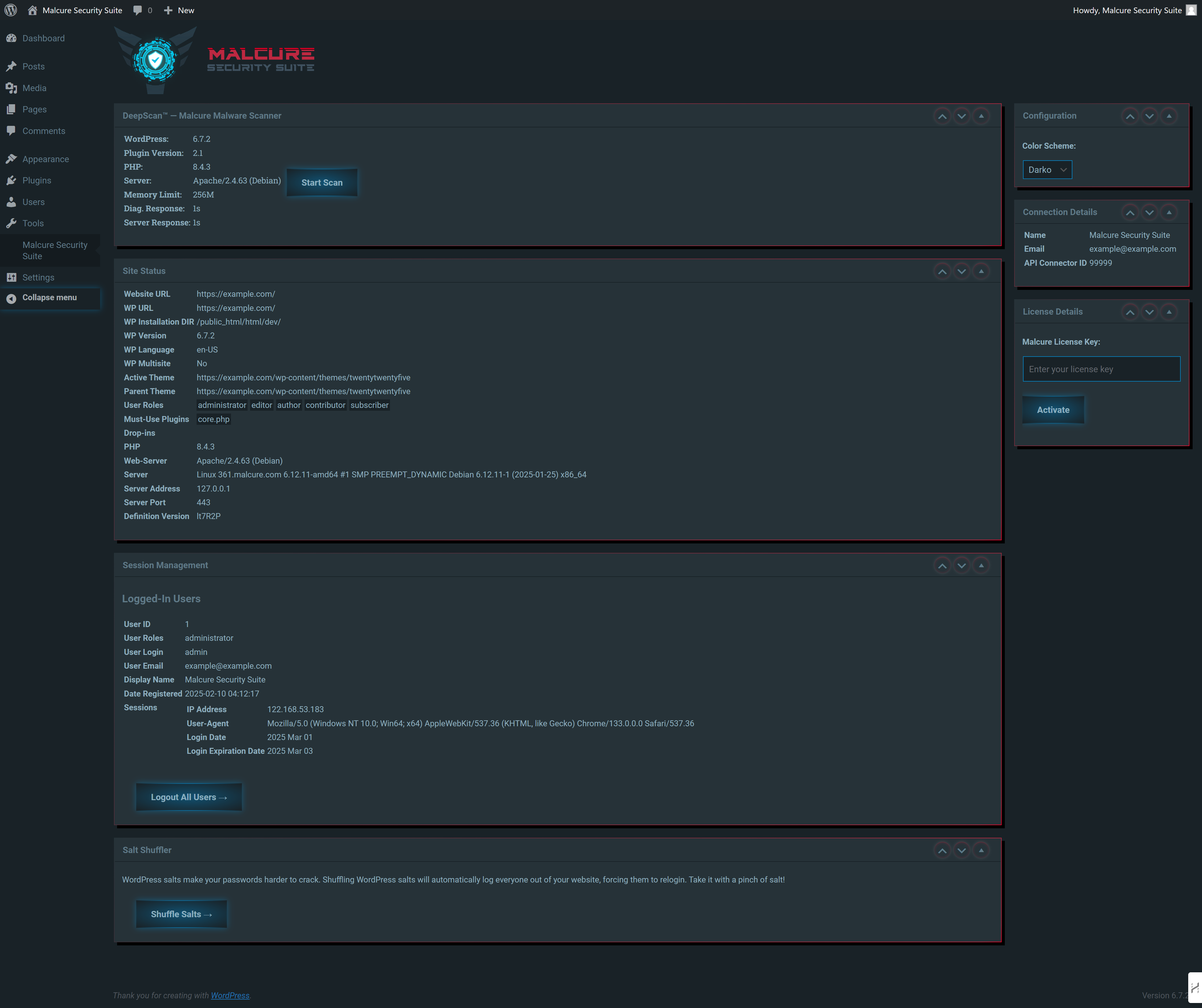 Dashboard overview: Start a deep server-side scan in one click, review site status, control logins (Emergency Logout), and force re-login by rotating keys & salts—plus quick access to color scheme, connection, and license details.