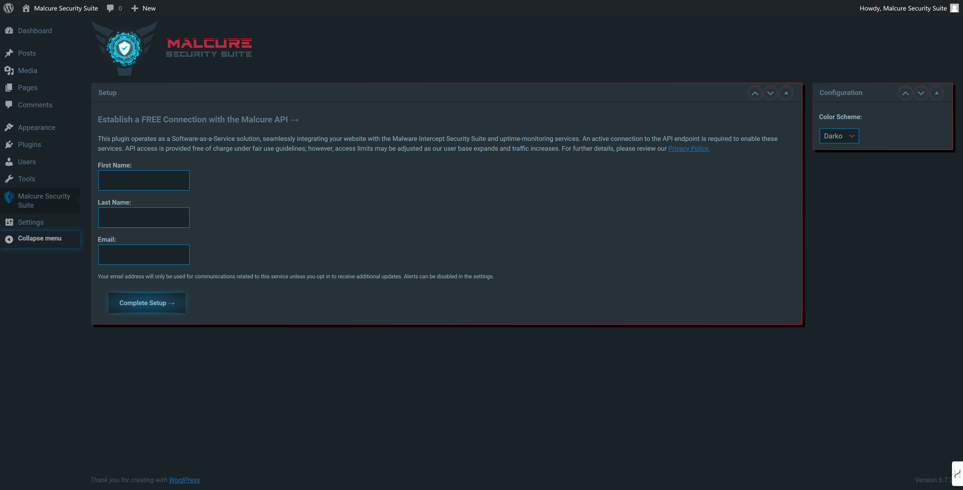 First-run setup: Establish a secure cloud connection to Malcure services in seconds with minimal fields; privacy notice and color-scheme controls included.