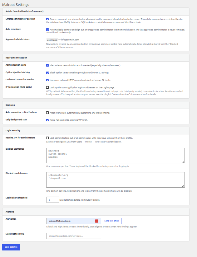 The Settings page with Admin Guard, real-time protection toggles, and custom blocklists.