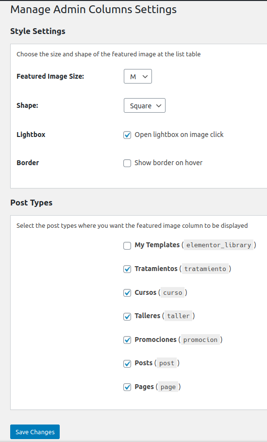 Manage admin columns settings page