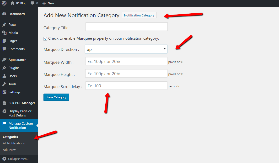 **Create notification category also editing** view.