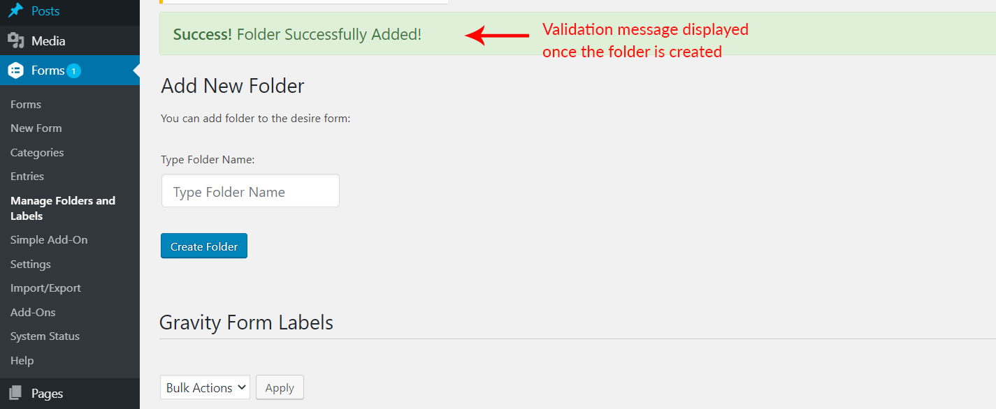 Folder Created Validation Message