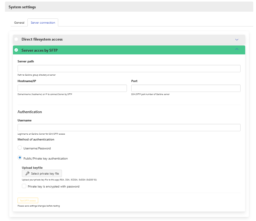 System settings (sftp access).