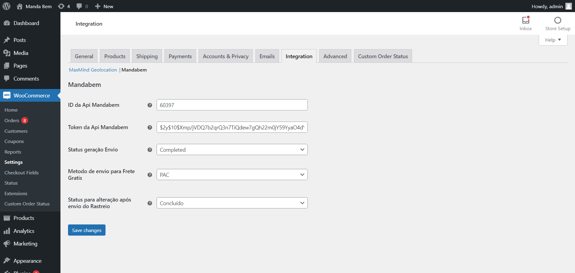 Página de Configuração do Plugin Mandabem