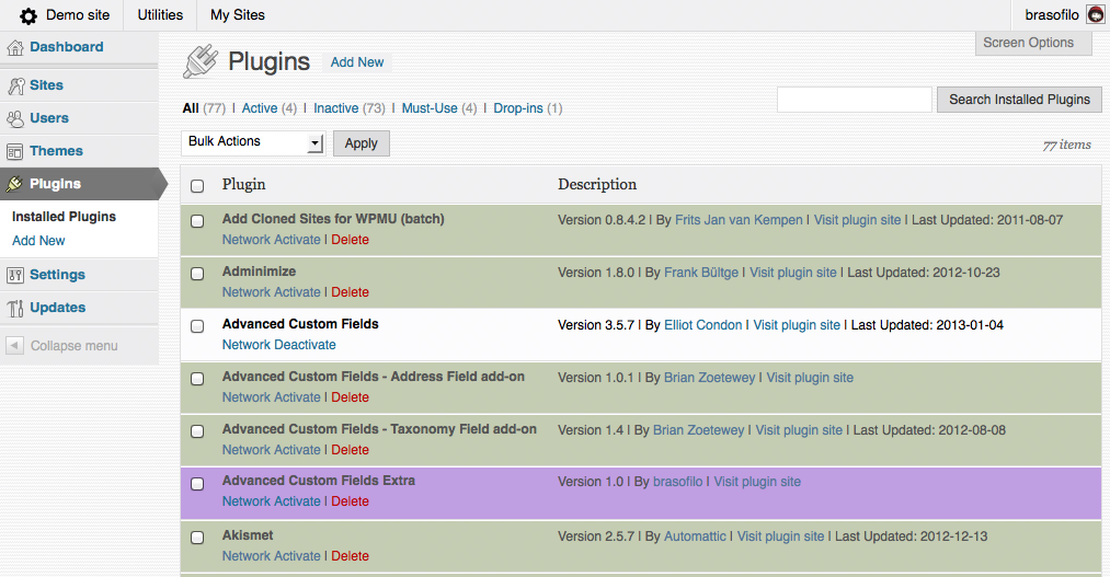 Plugins page with different color for Inactive and custom color for selected authors. Simpler description and Last Updated information.