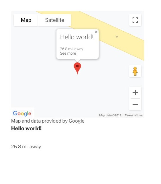 The default Info Window showing the post title, its distance from the search point and a link to the item itself