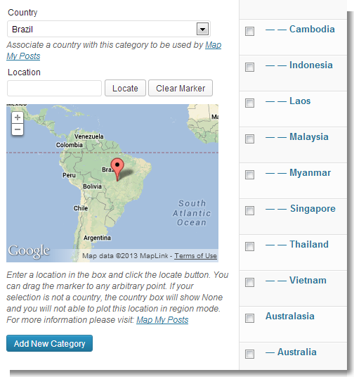 Define a country or search for a specific place when adding or editing categories and tags.