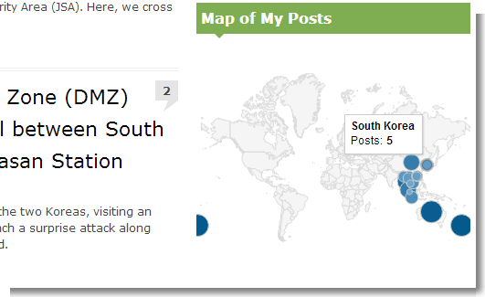 The Geochart Widget will show your category or tag name and the post count on mouse hover.