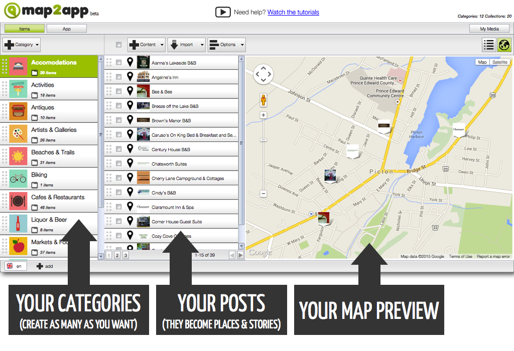 A screenshot of map2app platform: manage your items and geo-locate them