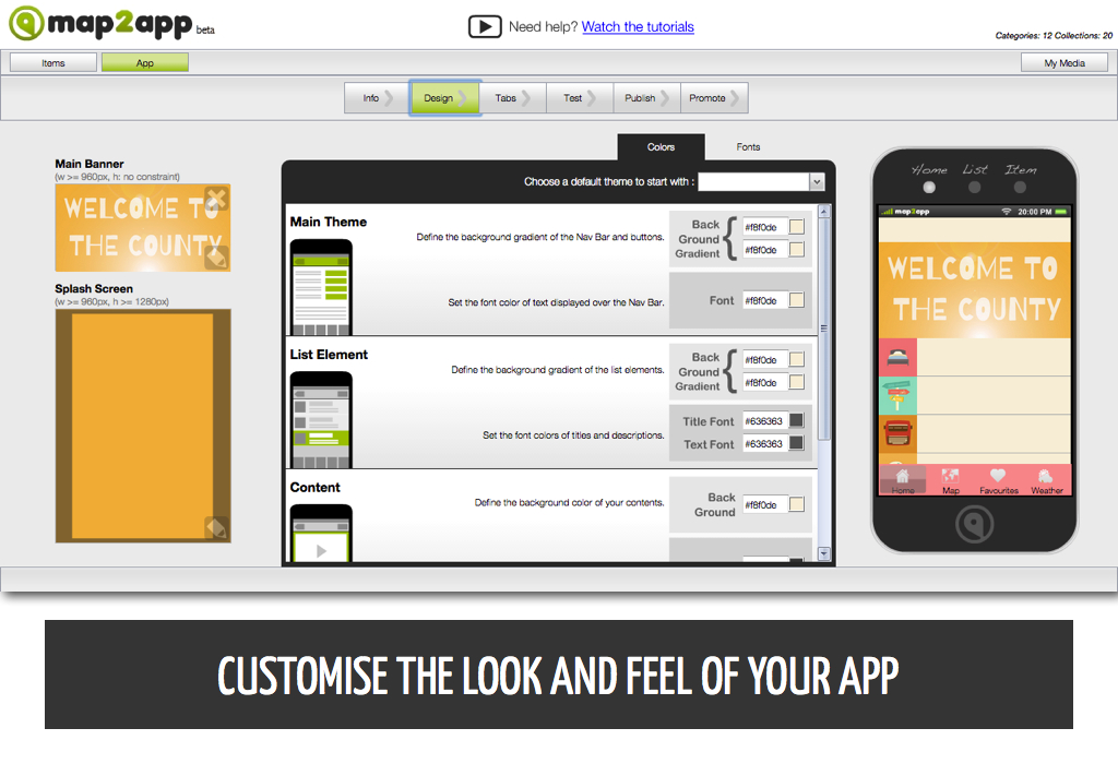 A screenshot of map2app platform: set the look and feel of your app