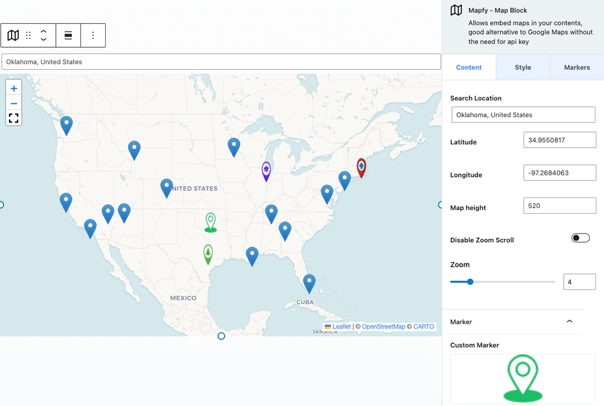 Locate and personalize your maps with the search and custom marker upload feature in Mapfy.