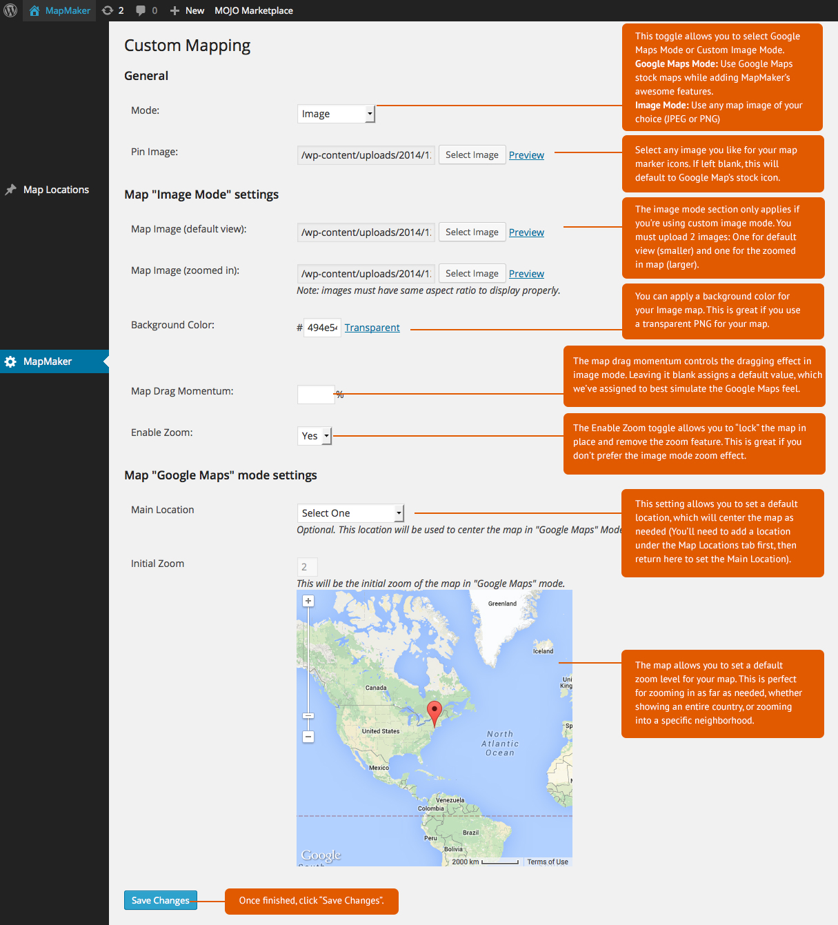 Map Settings: Customize your map using image mode or Google Maps.