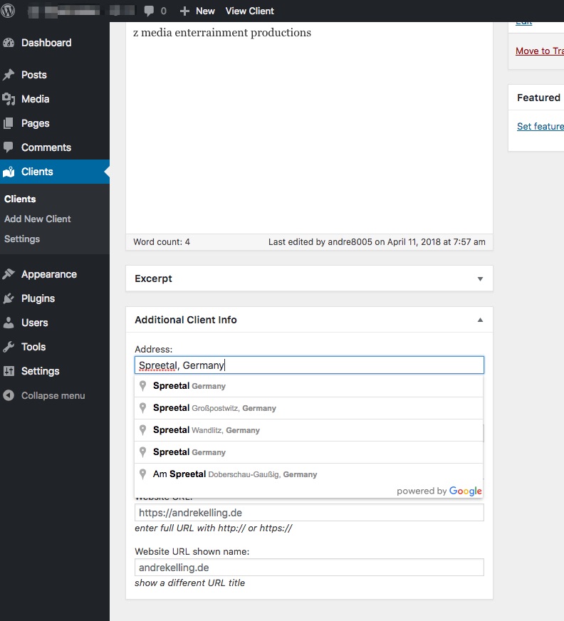 New custom clients Post Type with address autocompletion