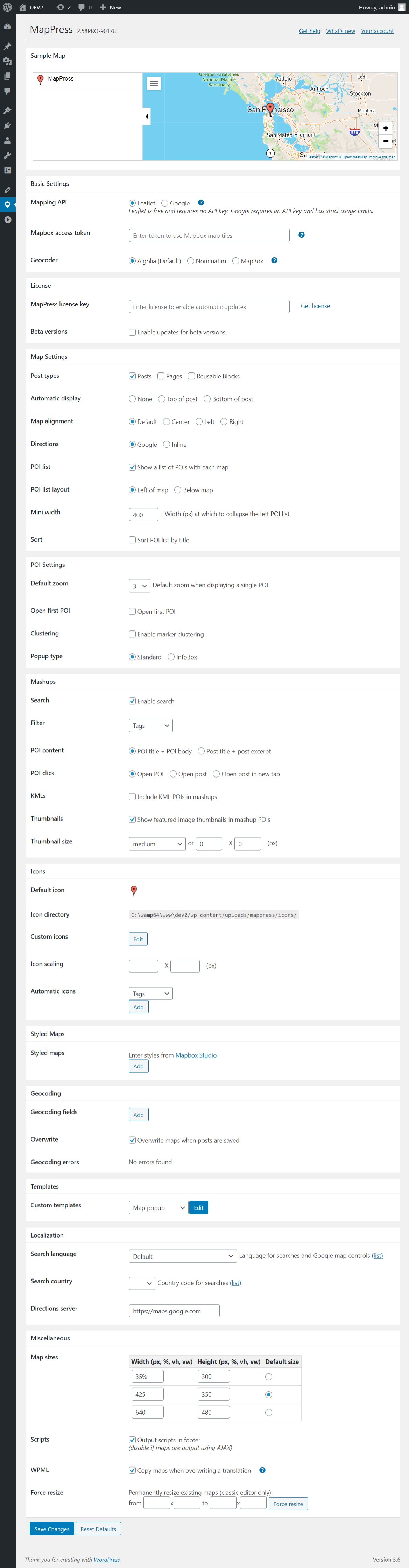 MapPress settings page