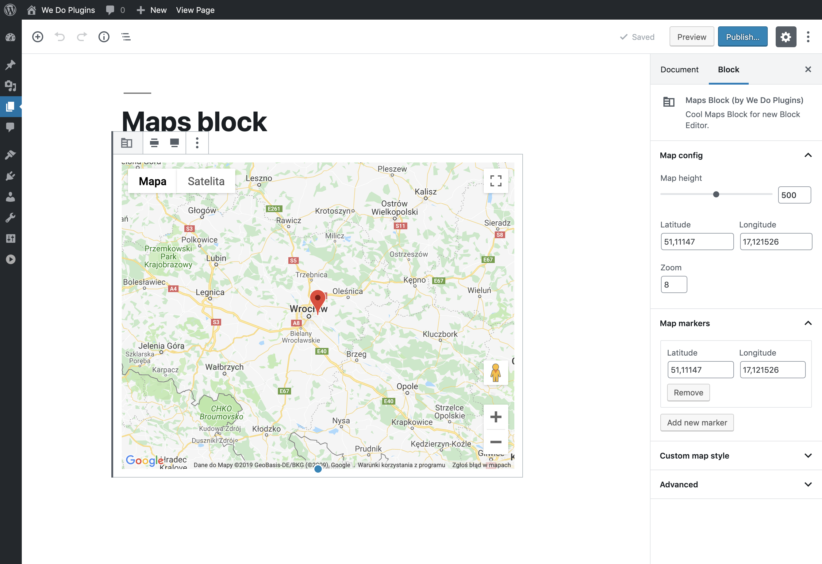Set custom coordinates for map and each of markers separately