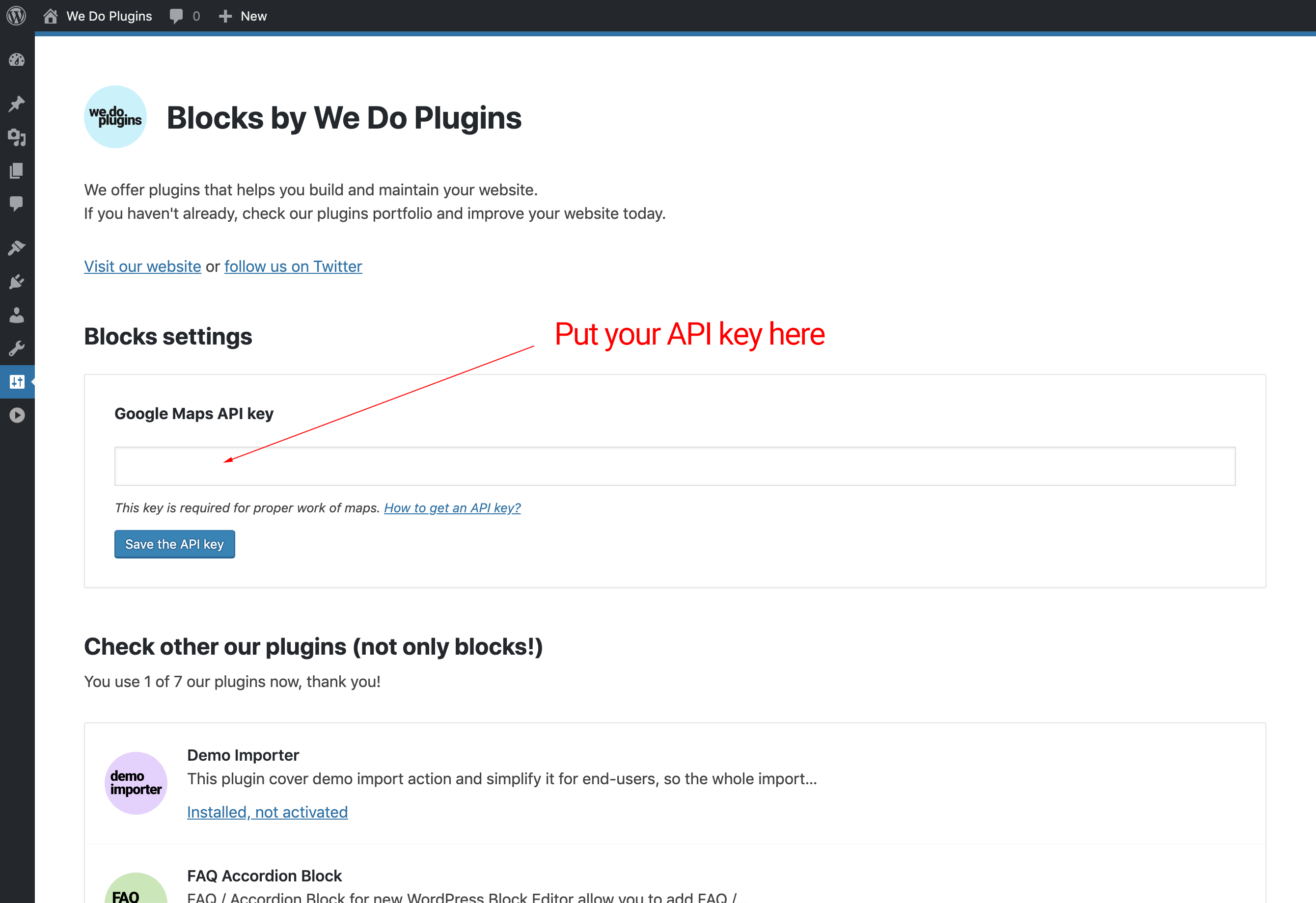 Add your API key easily through plugin options page