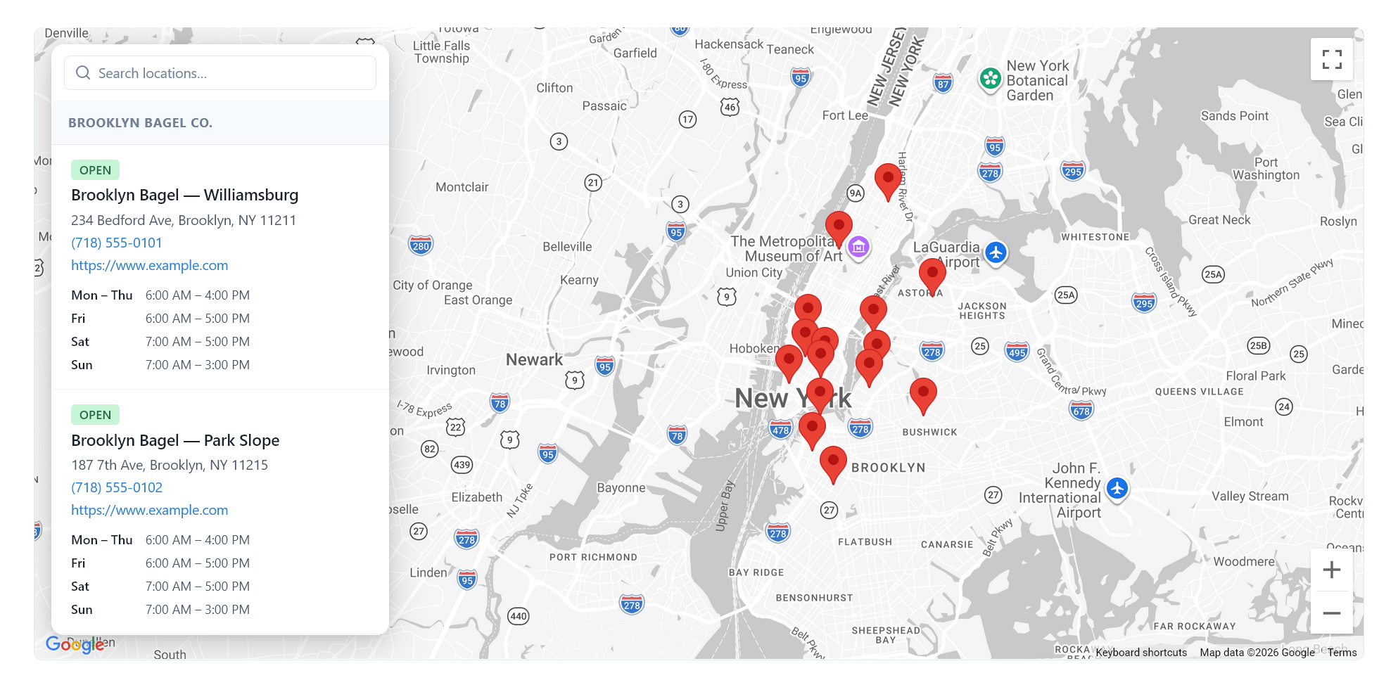 Frontend map — the embedded map your visitors see, with sidebar and custom popovers.