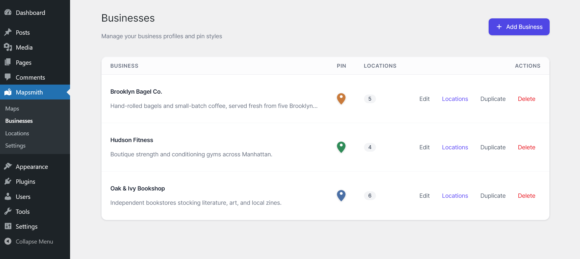 Businesses — manage businesses with custom pin colors and shapes.