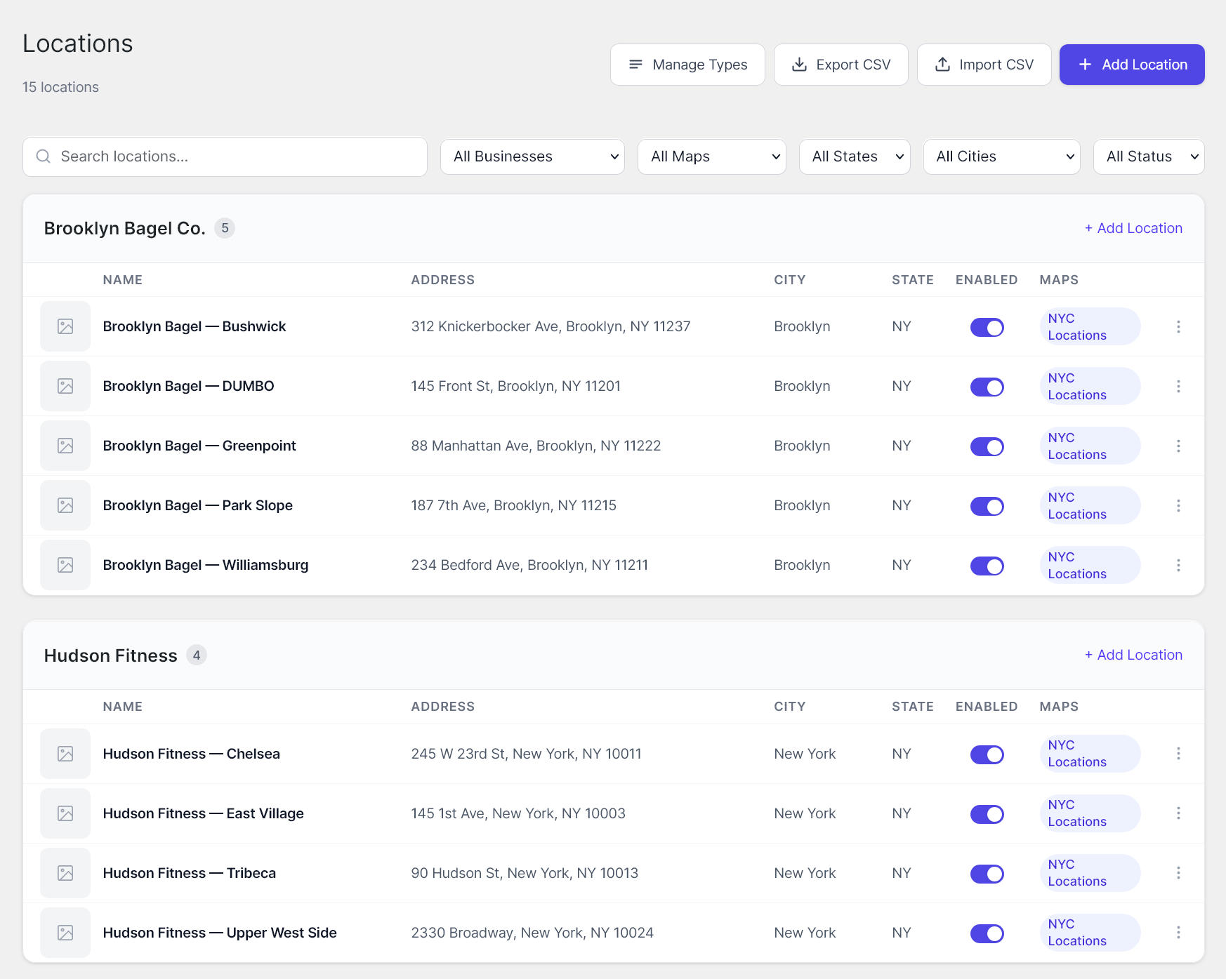 Locations — add locations with address, phone, hours, and custom fields.