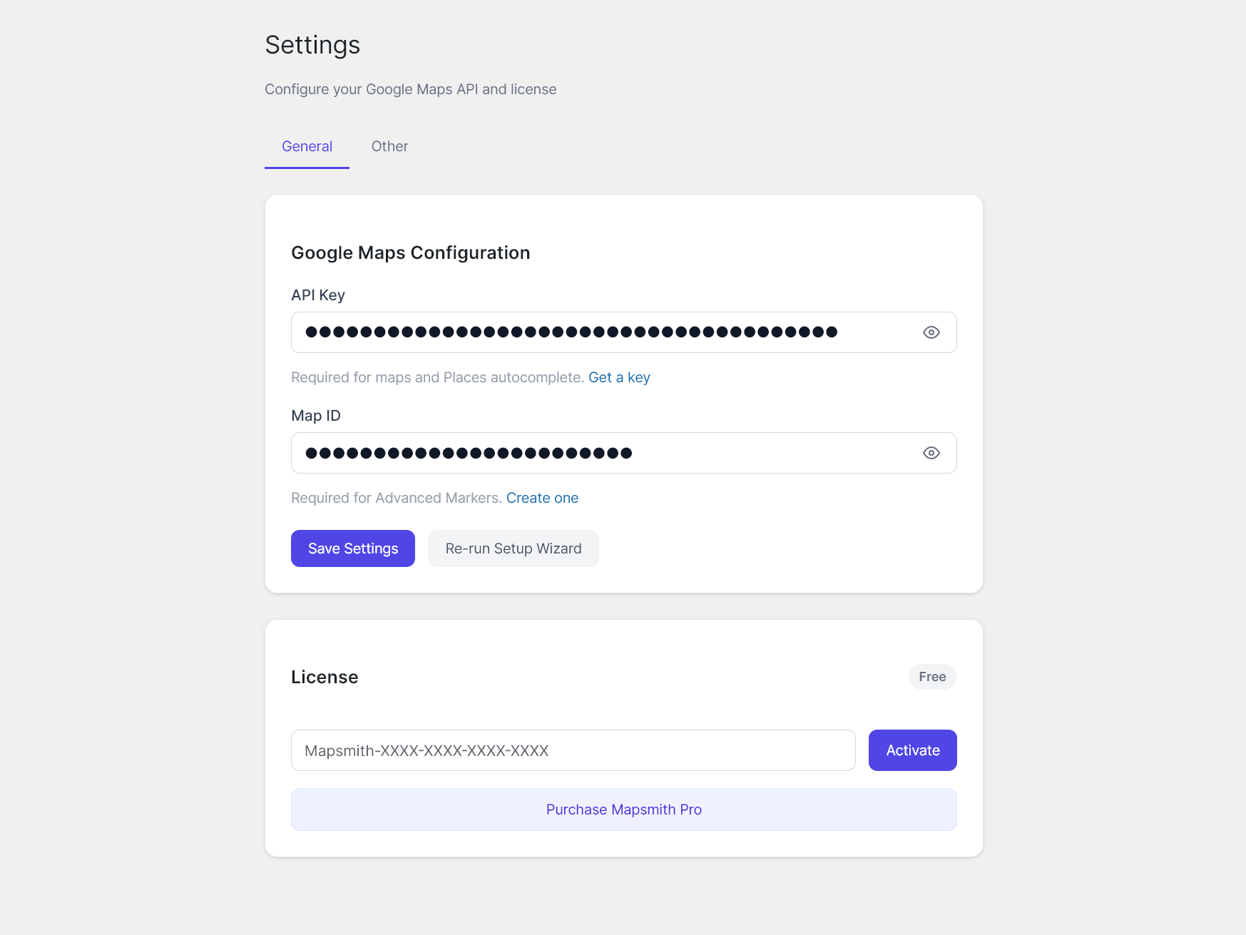 Settings — enter your Google Maps API key and manage your license.