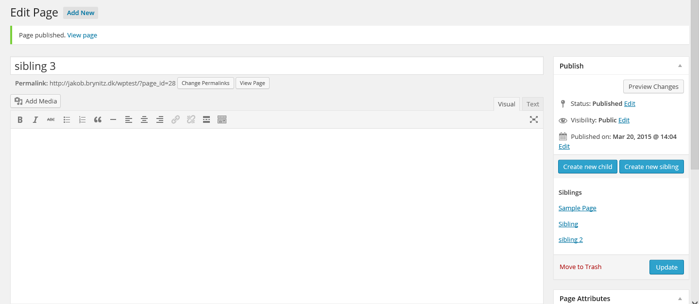 Switching to edit a sibling of the current page is easy: just click the sibling in the list on the right!