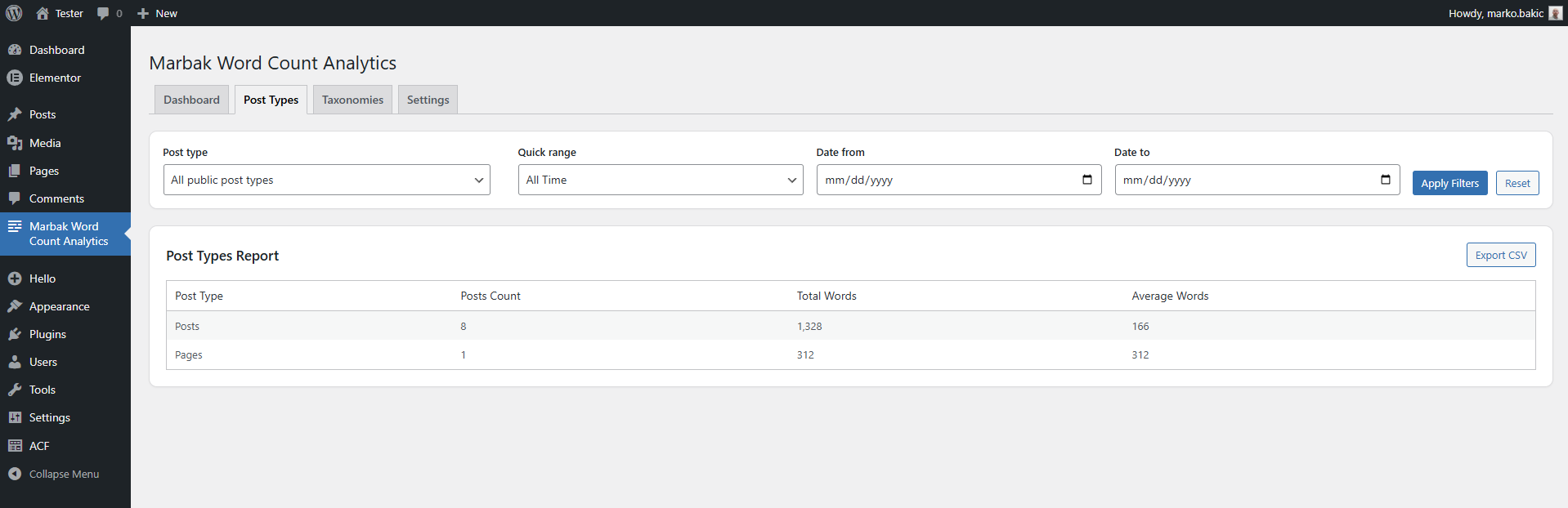 Post Types report table