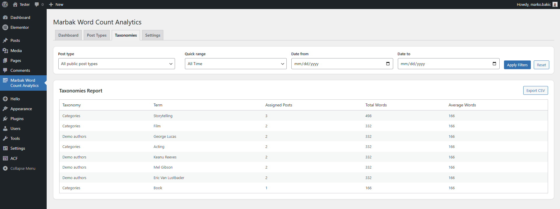 Taxonomies report table