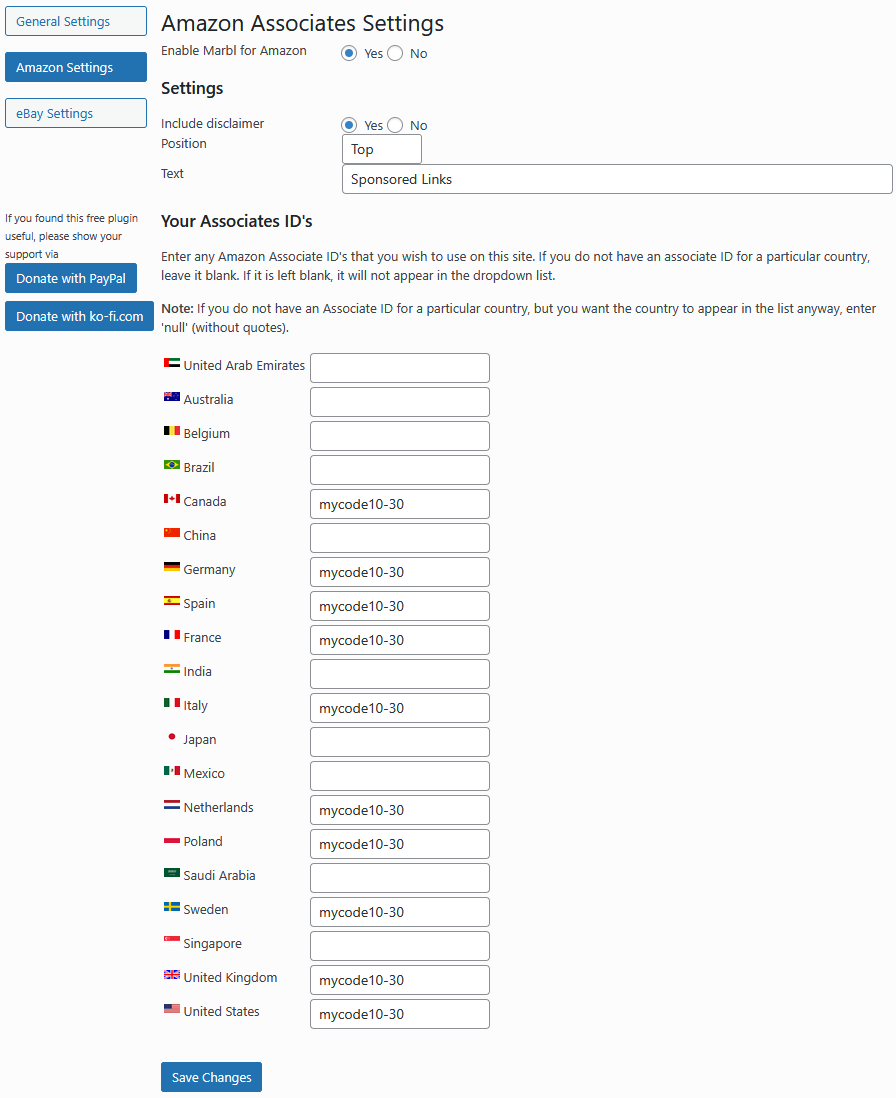 Marbl Amazon Associates Settings