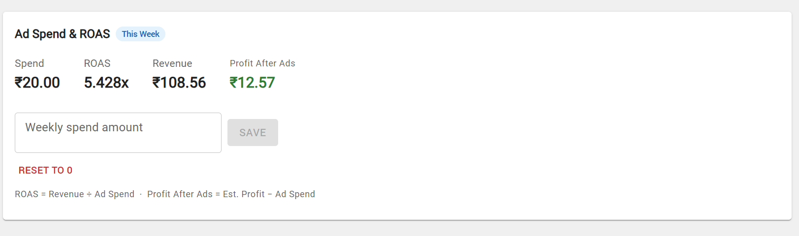 Ad Spend — manual spend entry with ROAS calculation.