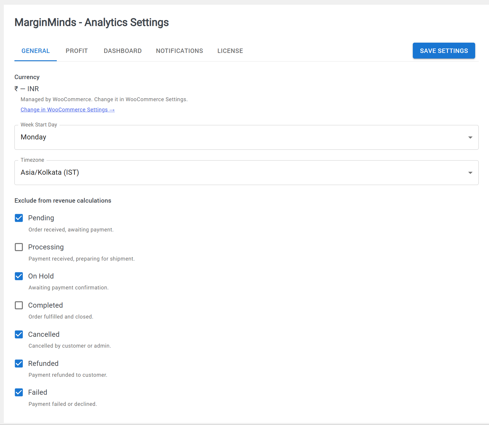 Settings — tabbed settings page with general, profit, dashboard, and notification options.