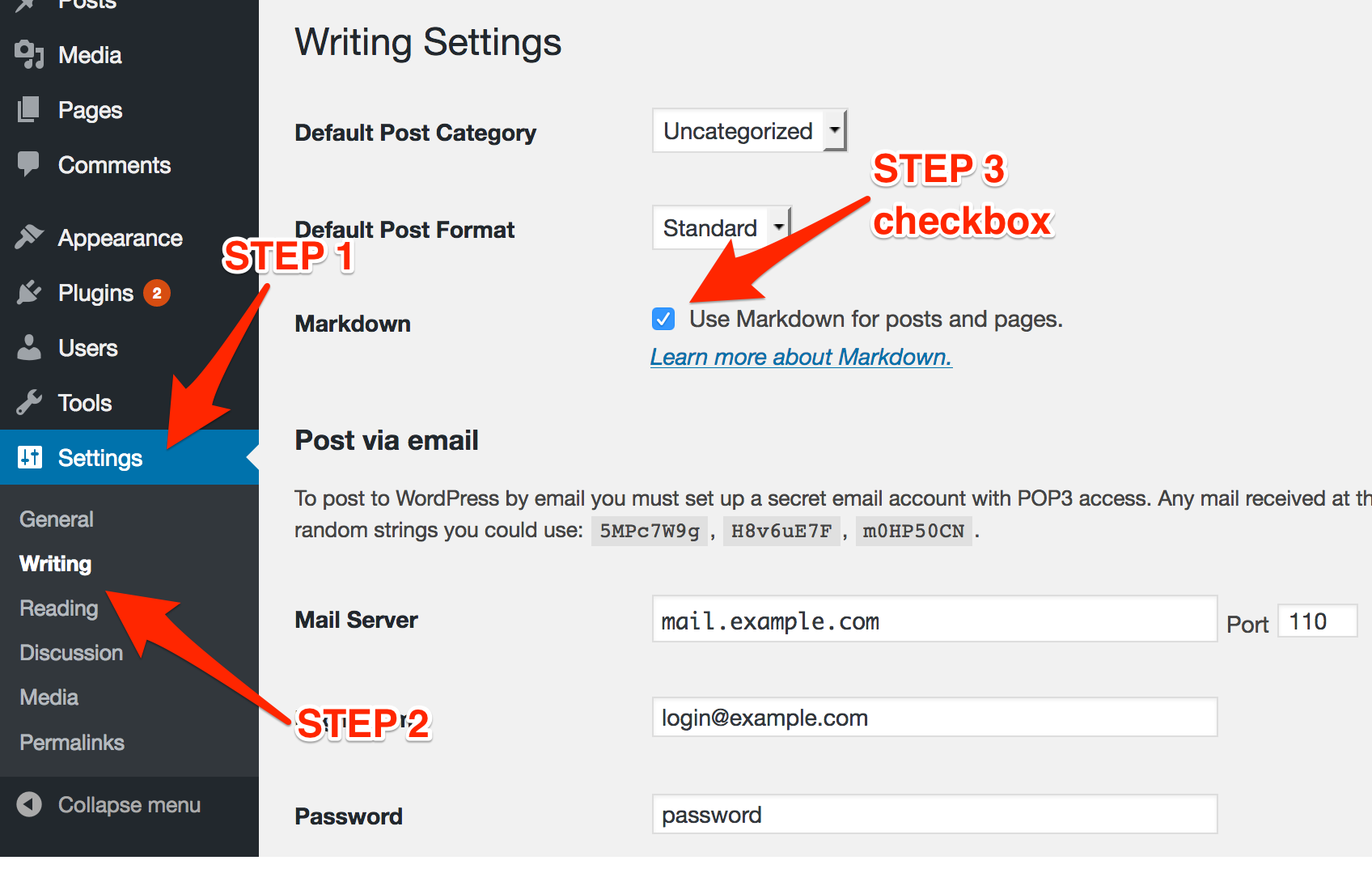 This screen shot description corresponds to installation step 3, which instructs: Enable Markdown for posts & pages, by manually checking the checkbox at: **Settings > Writing > 'Use Markdown for posts and pages'**
