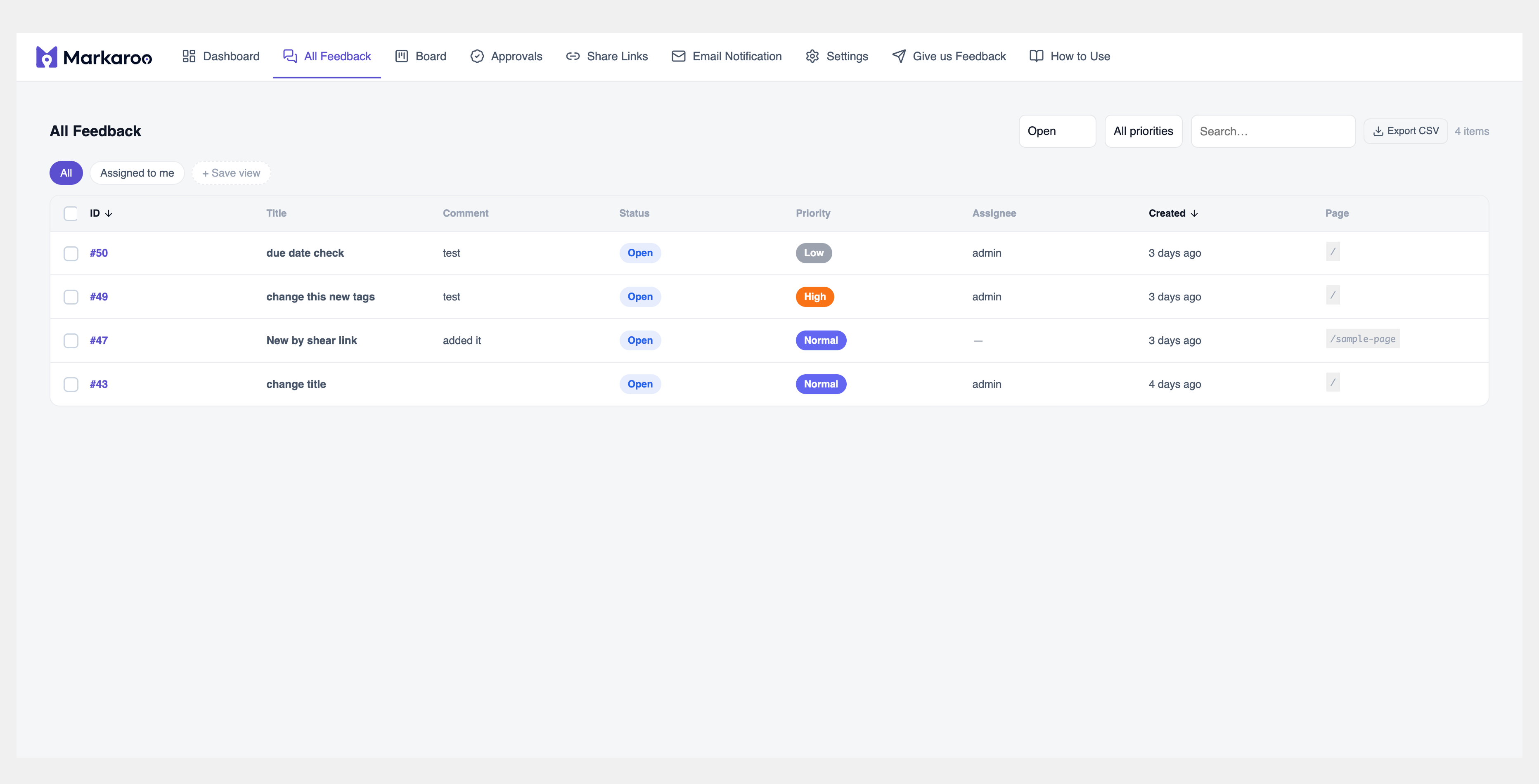 All Feadback — filterable and sortable list of all feedback pins, with status, priority, and assignment.